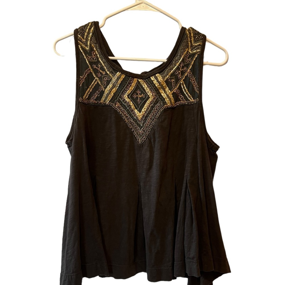 Free People Open Back Embroidered Tank size Medium Brown / Gold
